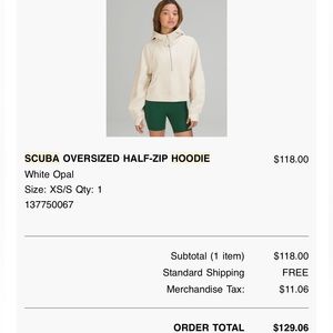 Lululemon white opal scuba half zip hoodie